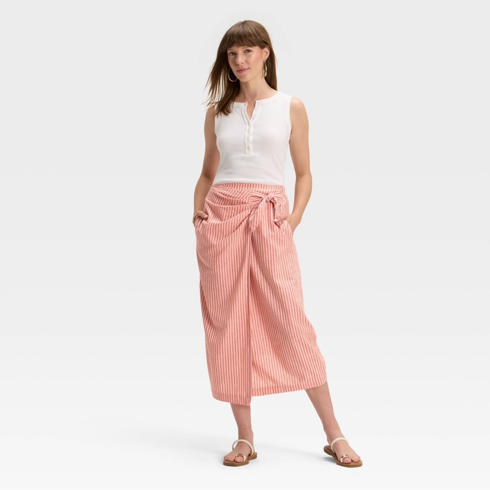 Women’s Midi Wraps Skirt     Pink/Orange.  Striped    L